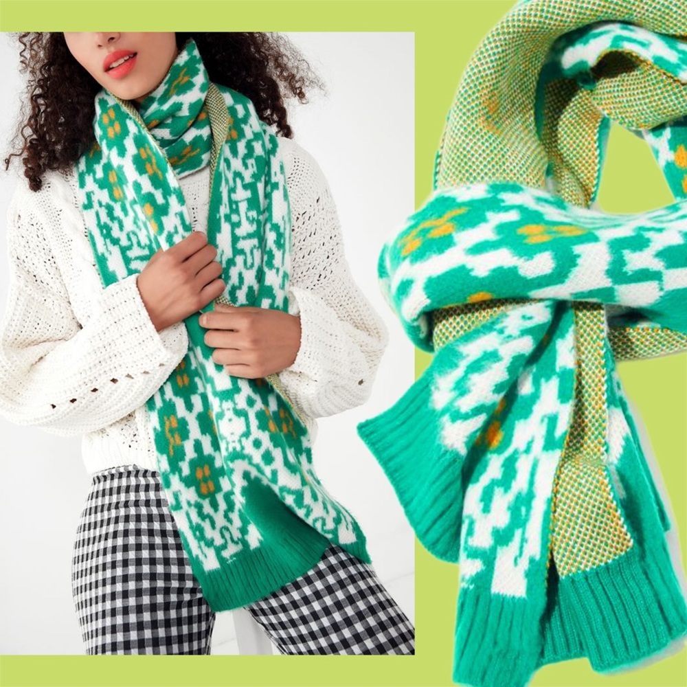 urban outfitters • green yellow folk print blanket scarf os